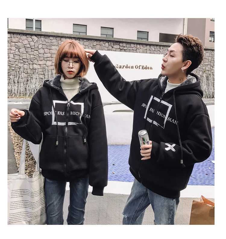 Winter New Style Hooded Brushed And Thick Couples Hoodie Fashion And Personality Loose-Fit Printed Casual Men And Women Coat