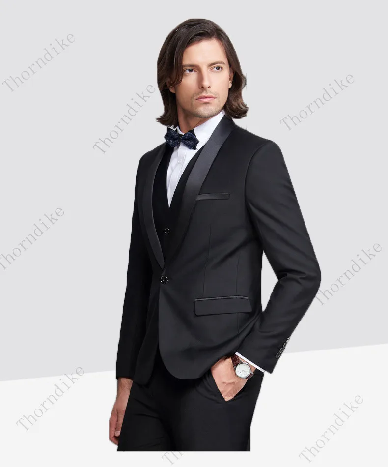 Thorndike Men Suits 3 Pieces Black Fit Casual Groomsmen Army Lapel Business Tuxedos for Formal Wedding(Blazer+Pants+Vest) 4