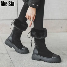 Зимние женские ботинки; теплые роскошные плюшевые зимние ботинки на меху с ворсованной подкладкой; Mujer; ботинки до середины икры на высоком не сужающемся книзу массивном каблуке; C113