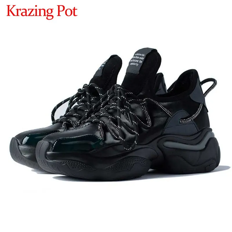 Krazing pot/ дизайн; кроссовки из натуральной кожи с круглым носком на толстой подошве; повседневная обувь на шнуровке; Женская высокая модная Вулканизированная обувь; L21