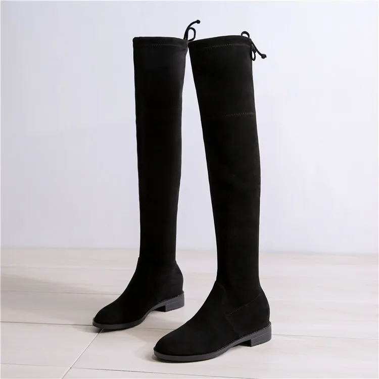 Stovepipe/Сапоги женские эластичные сапоги выше колена; botas; зимние Бархатные на плоской подошве золотого цвета; Ботинки Челси с круглым носком; женские узкие сапоги с перекрестной шнуровкой