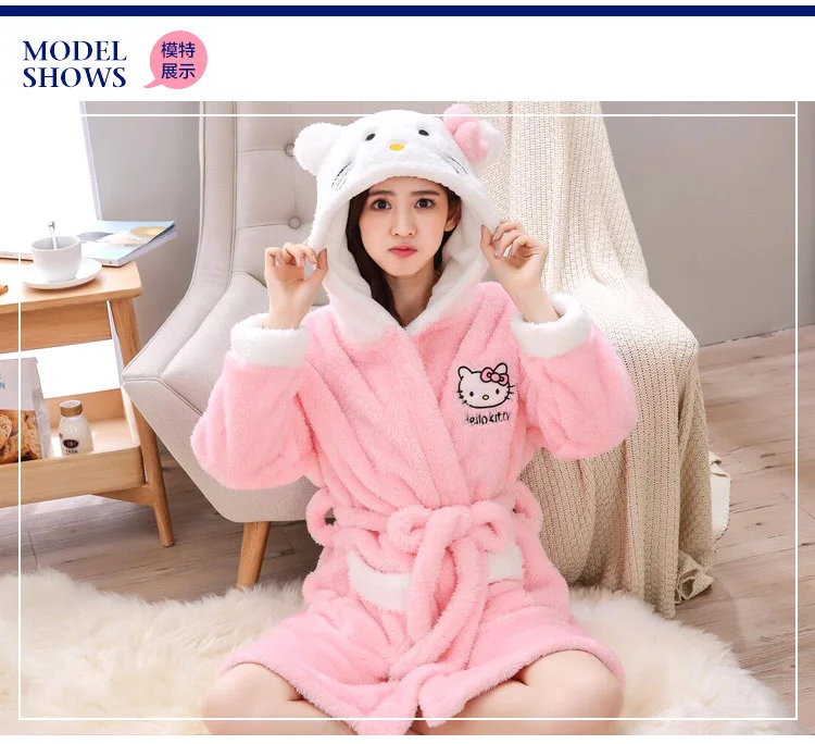 Женская фланелевая ночная рубашка hello kitty с длинным рукавом, банный халат, штаны, зимняя Милая Пижама с рисунком, Женская домашняя одежда, комплект одежды для сна