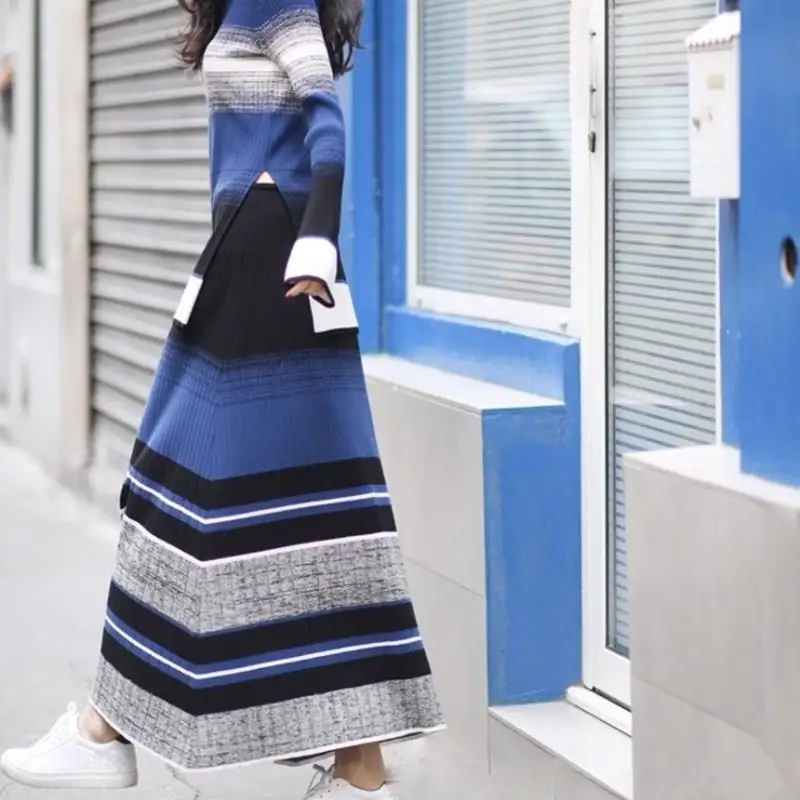 Women Autumn Winter Knitted Sweater And Long Skirt Sets Flare Sleeve Stripe 2 Piece Female Casual Suit | Женская одежда