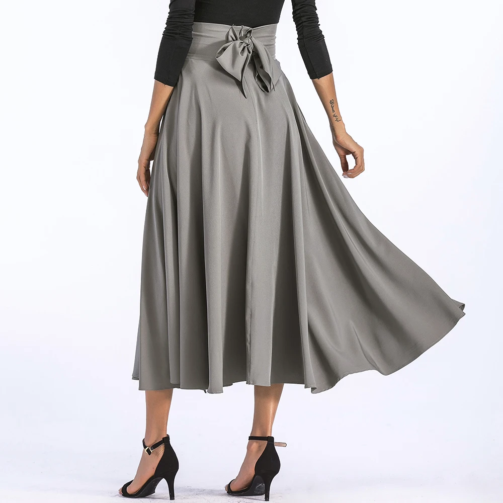 Женская модная повседневная элегантная Свободная юбка с широким поясом, с высокой талией, с двойным карманом, на шнуровке, трапециевидная