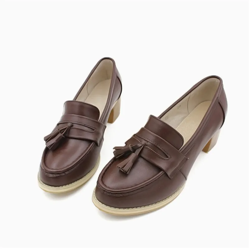 Loafer Pumps Shoes Women Vintage Genuine Leather Women's Shoes Brogues Thick High Heel British College Tassel Women Pumps Oxford (9)