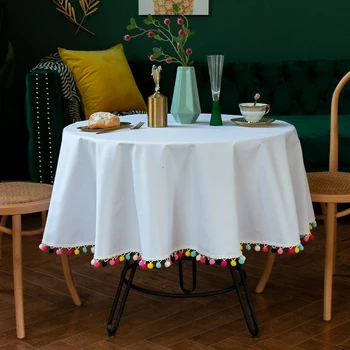 

Round Tablecloth Solid Ball Tassel Table Cover White Tablecloth For Tables Dining Tablecloths For Parties Christmas Tablecloth