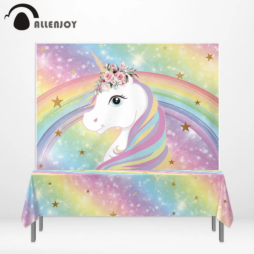 

Allenjoy photophone unicorn backdrop birthday party colorful rainbow rectangular tablecloth children background table cover