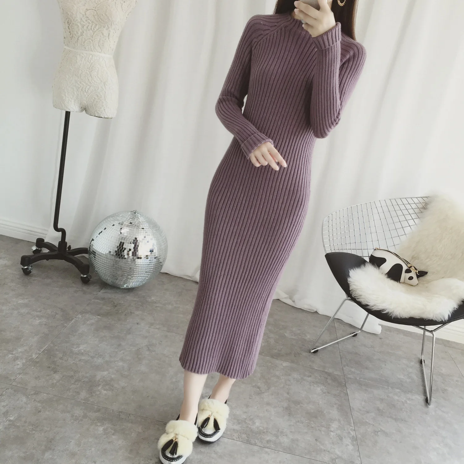 

Winter New Style Half-Turtle-Neck Solid Color Slim Fit Mid-length Skirt Yarn Sweater Base Sheath Base Dress Women's