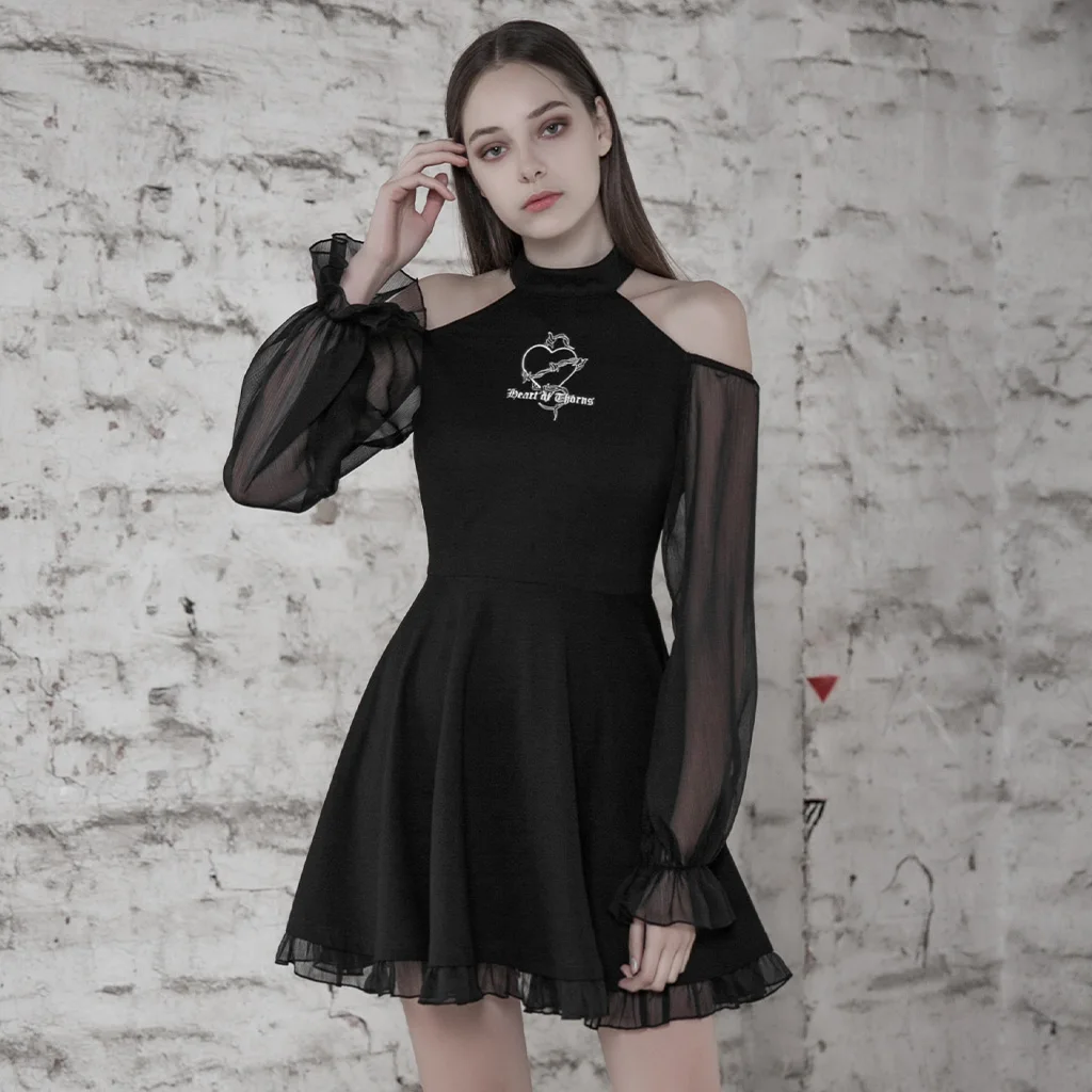 

PUNK RAVE Women Knit Dress with Collar Embroidery Chiffon Horn Stitching Breathable Trumpet Sleeve Sexy Off Shoulder Short Dress