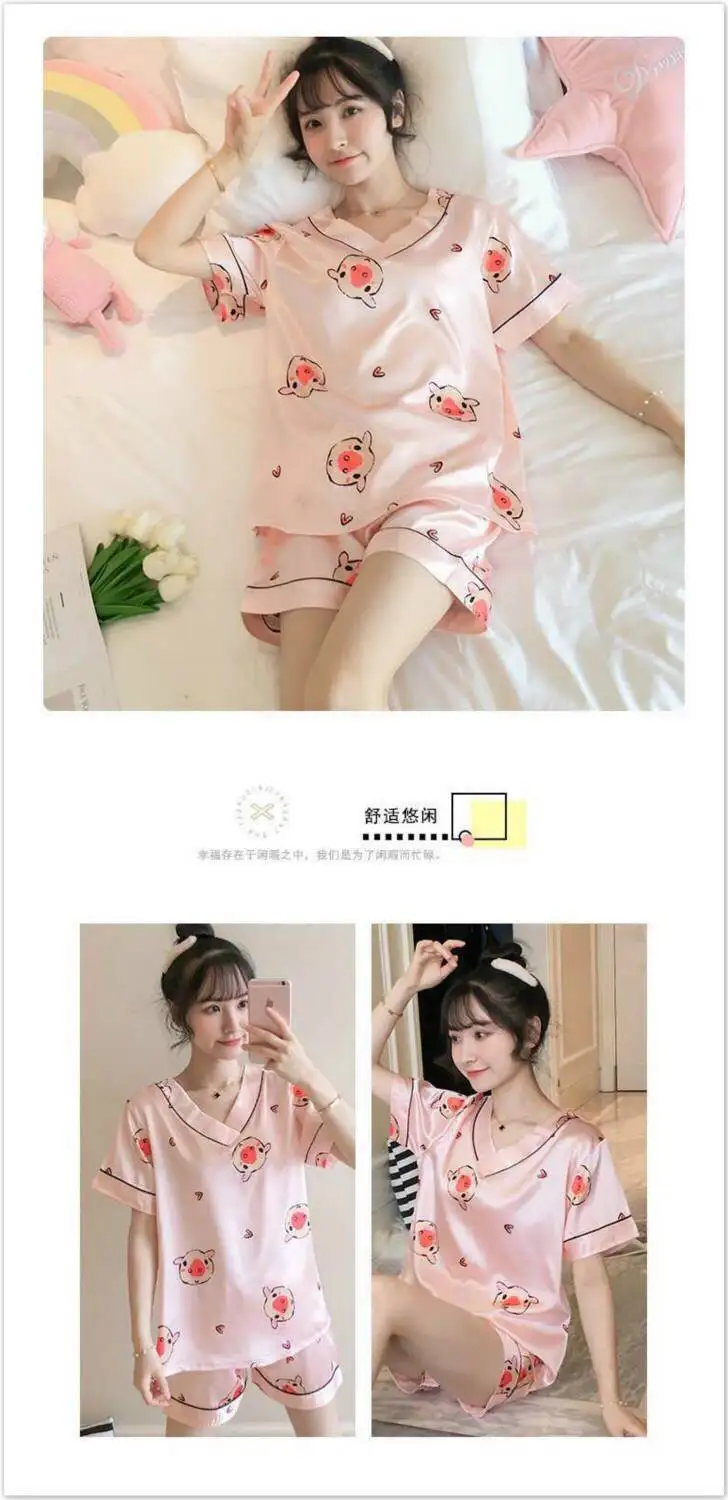 plus size pjs Pajamas Women Summer Thin Section V-neck Imitation Silk Ice Silk Short-sleeved Sleepwear Ladies Home Service 2-piece Pajamas silk pj set