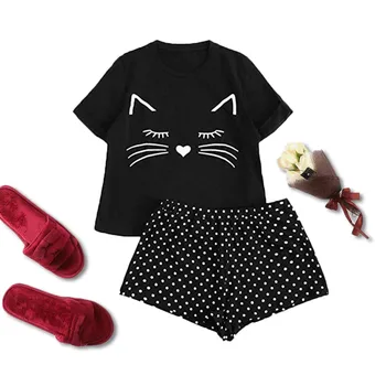 

Women Pajamas Set Cotton Casual Clothing Short Sleeve T Shirt Tops Shorts Sleepwear Black Graphic Suit Summer Women Pijama Mujer