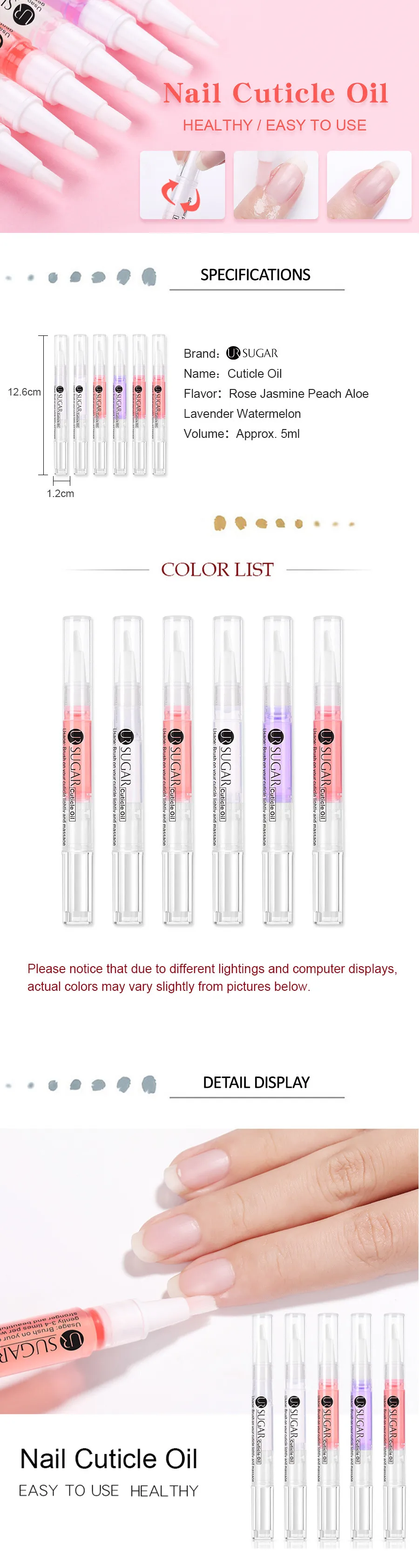Ur Sugar 5 мл, питательная масляная ручка для ногтей, Лечение ногтей, 6 запаха кутикулы, восстанавливающее масло, предотвращающее появление Agnail, Гель-лак для ногтей, питающий кожу