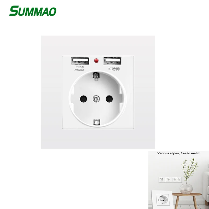 

16A 250V EU Standard Socket BOX Electrical Outlet with USB Ports ChargerWall Power Adapter Room Hotel Sockets 86*86mm PC Panel