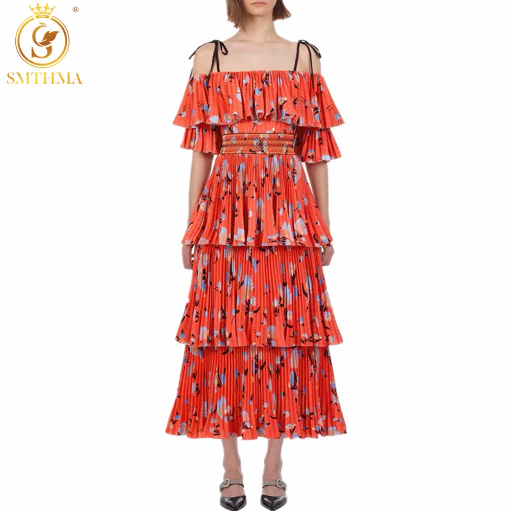 

Fashion Runway Self Portrait Dress Casual Holiday Summer Long Dress Women's Slash neck Floral Printed Draped Ruffles Dress