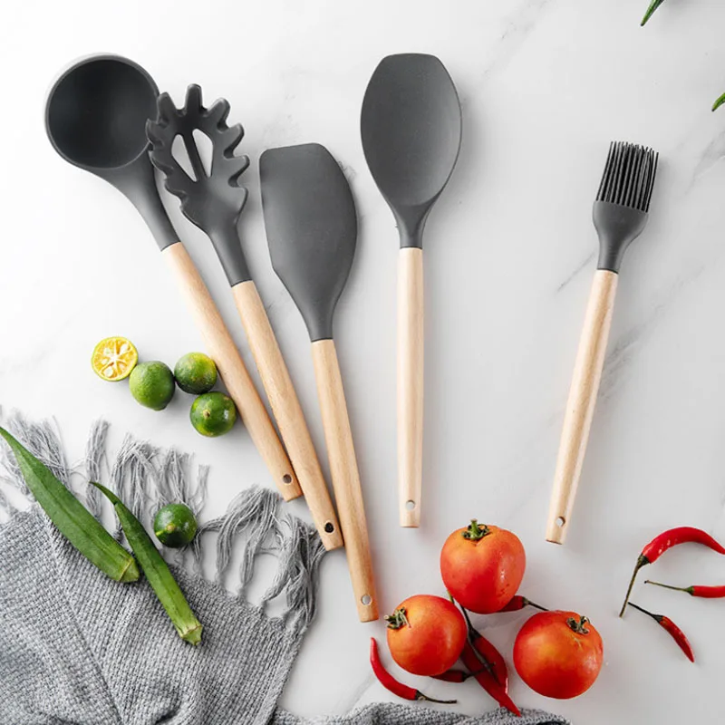 Силиконовая кухонная утварь, набор кухонной утвари, антипригарная посуда, деревянные ручки, инструменты для приготовления пищи, щипцы, лопатка, ложка, 669