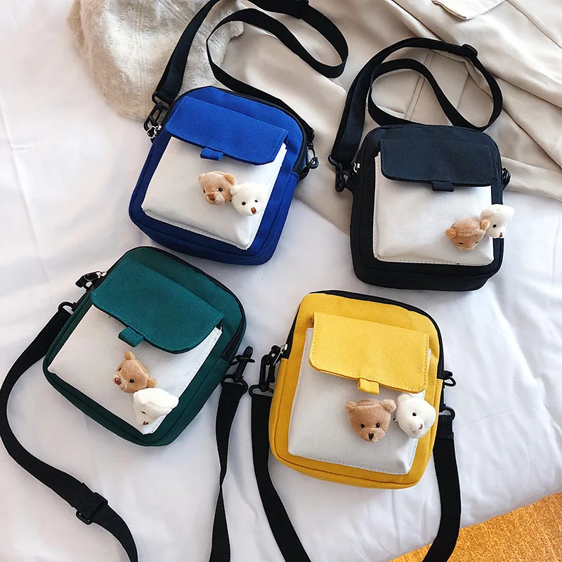 

INS Canvas Bag Women's 2020 New Style Japanese-style Harajuku Wind Ulzzang Cute Little Bear Crossbody Bag