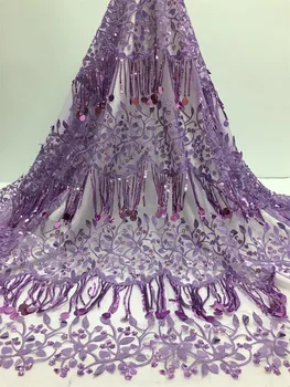

2019 African Net Lace Fabric High Quality Elegant Tassel Sequins Nigerian Wedding Lace Fabrics 5Yards Sequins French Tulle lace