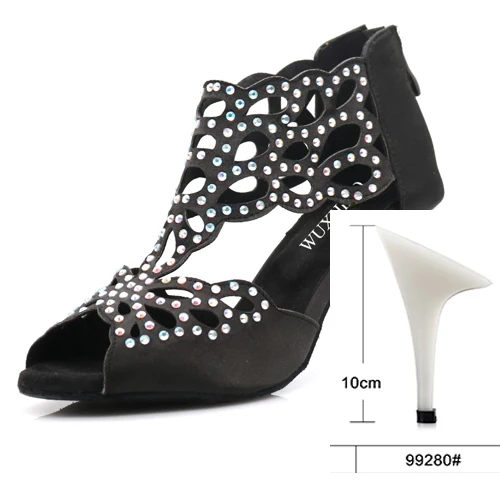 black heel 10cm WUXIJIAO/Женская обувь; джазовые кроссовки; туфли для танцев на высоком каблуке со стразами; туфли для латинских танцев - Цвет: black heel 10cm