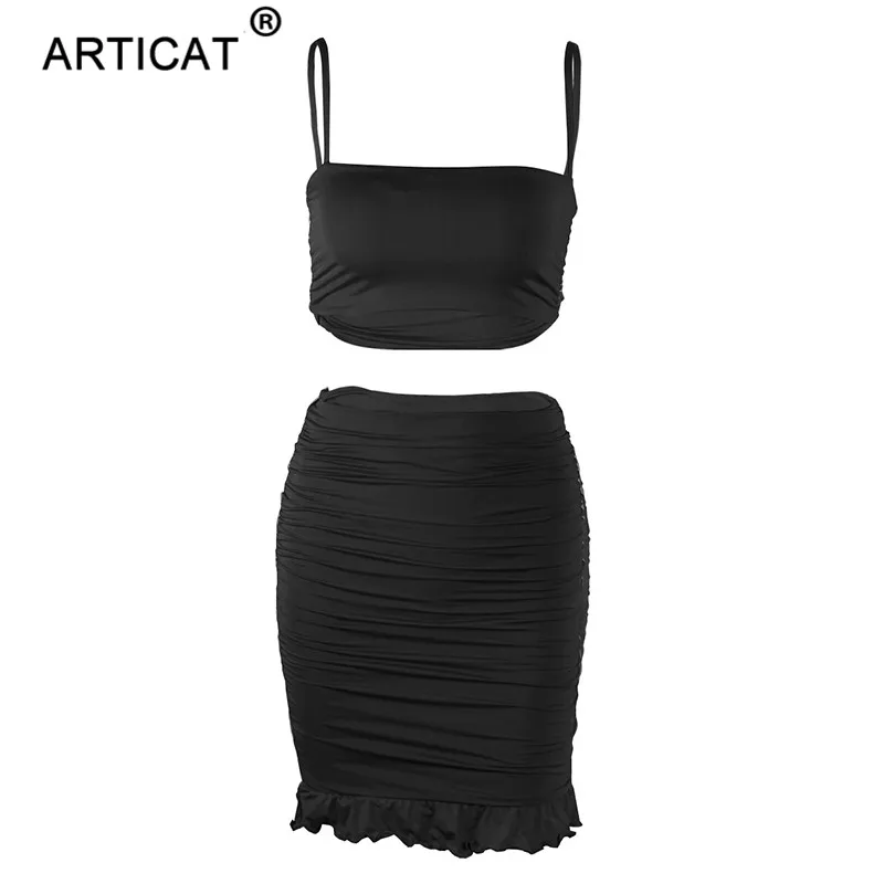 Articat Women Sexy Bodycon 2 Piece Dress Set Ruffles Spaghetti Strap Crop Top Summer Mini Skirts Suits Fashion Solid Outfits