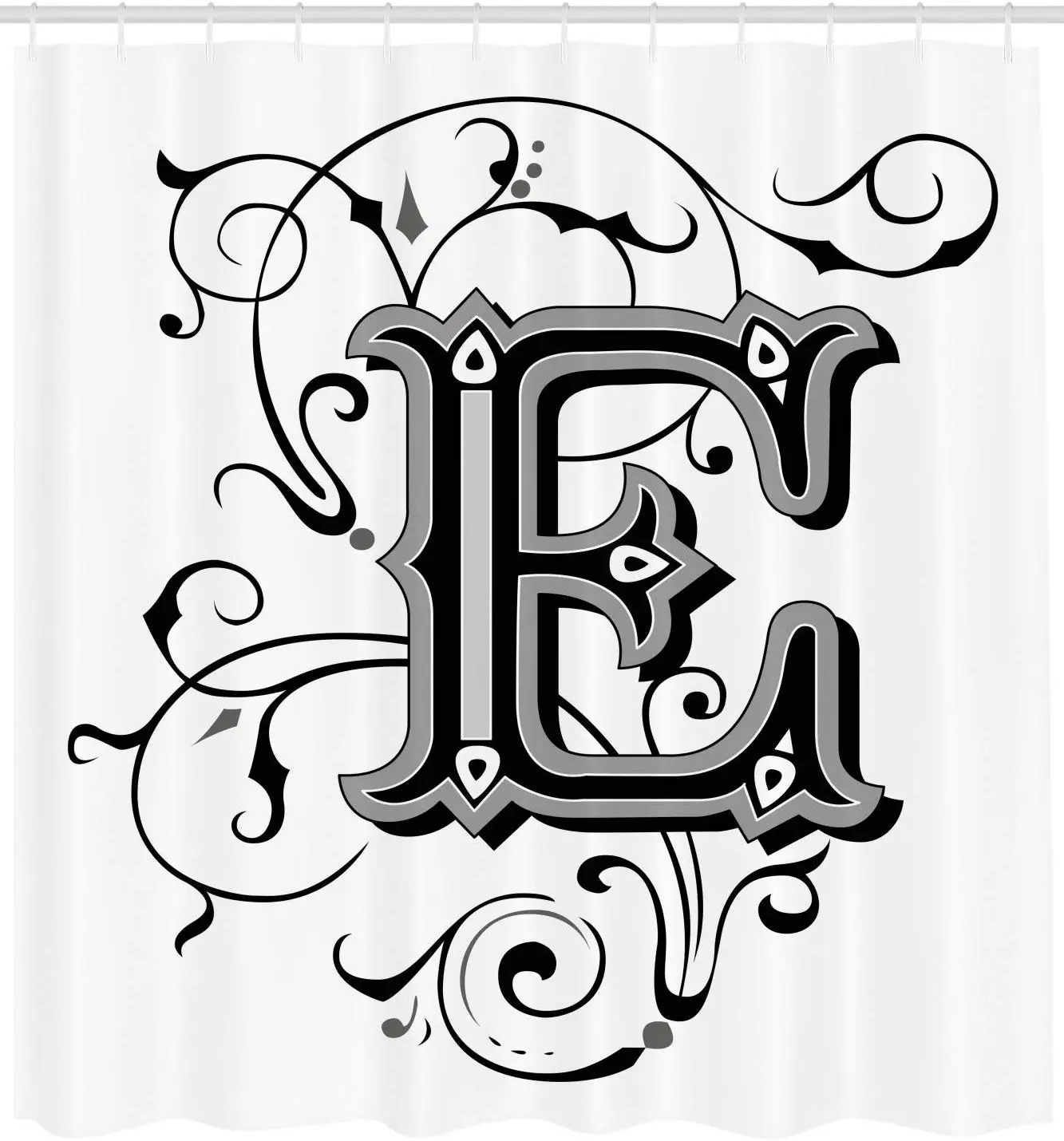 Letter E Shower Curtain Capitalized Alphabet Geometrical Design Lines Swirls Dark Color Spectrum Fabric Bathroom Decor Set | Дом и сад