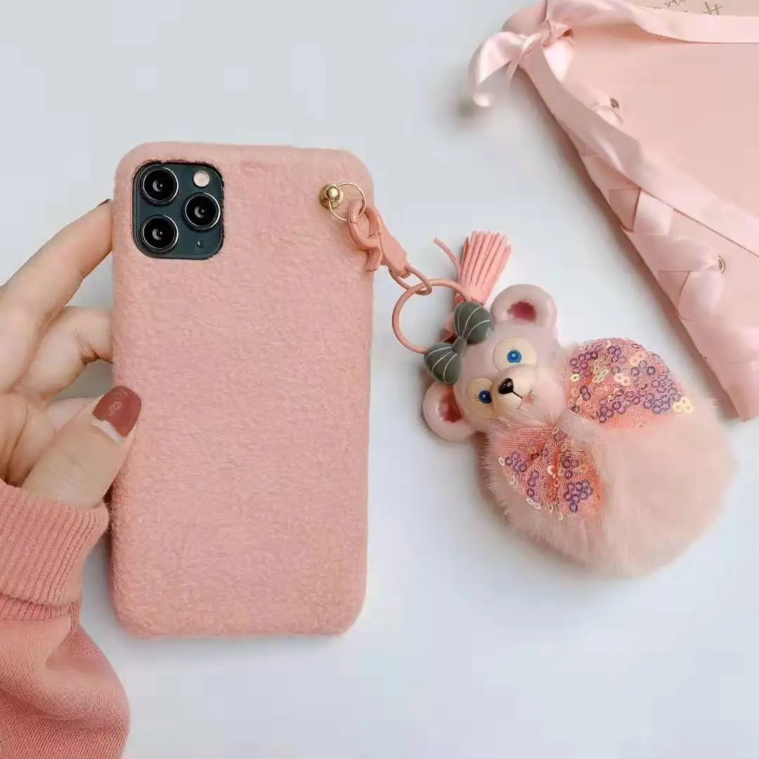 Для iphone 11 pro Max милый медведь мягкий теплый зимний плюшевый чехол для телефона для iphone 8plus 7P 6S 6p XR XS Max мультяшный чехол+ плюшевая игрушка - Цвет: Розовый