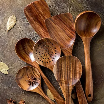 

Wood Tableware Spoon Ladle Turner Long Rice Colander Soup Skimmer Cooking Spoon Scoop Kitchen Tool Set Thai Teak Natural