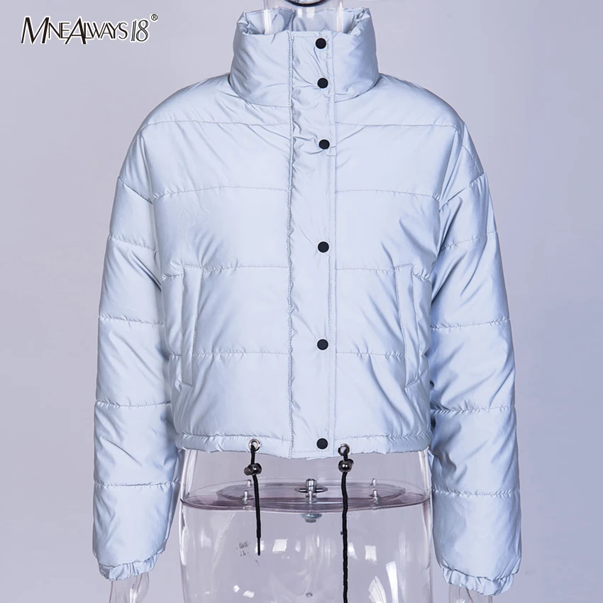 Mnealways18 Светоотражающая куртка для женщин, плотное теплое зимнее пальто, женское короткое Укороченное пальто с отложным воротником, Осенняя уличная одежда на молнии