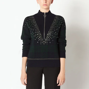 

Runway Knitted Jumper Sweater Women Autumn Winter Zippers Top Turtleneck Female Plaid Sweater Ladies Bestmatch Beading Pullovers