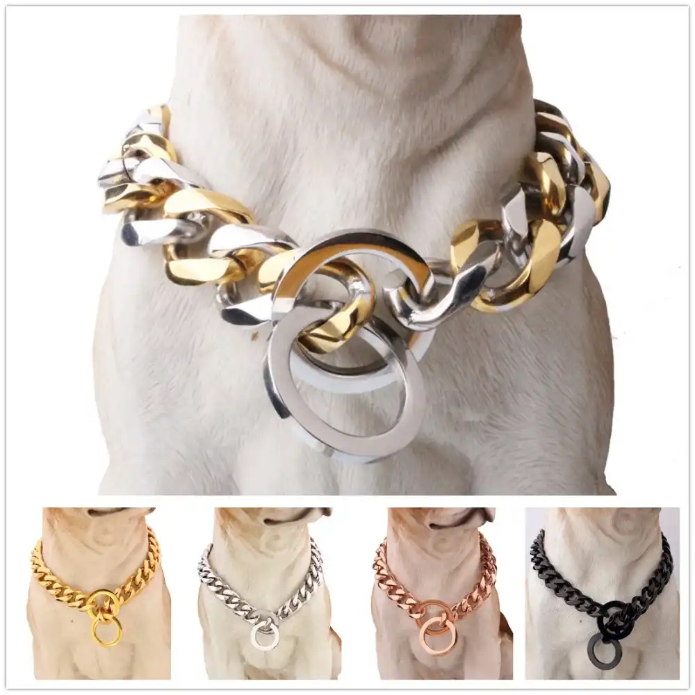 Strong Silver Titanium Steel Slip Dog Collar Metal Dogs Training Pet