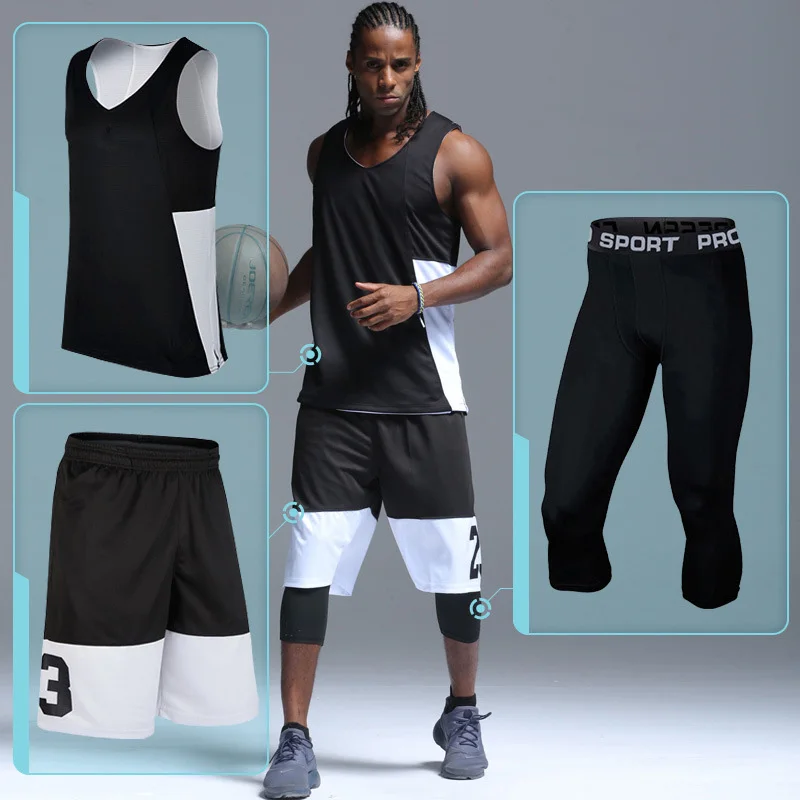 

3PCS/Set Basketball Jersey With Compression Pants Mens Sports Jerseys Basketball Shirt Fitness Workout Kit Gym Running Sets