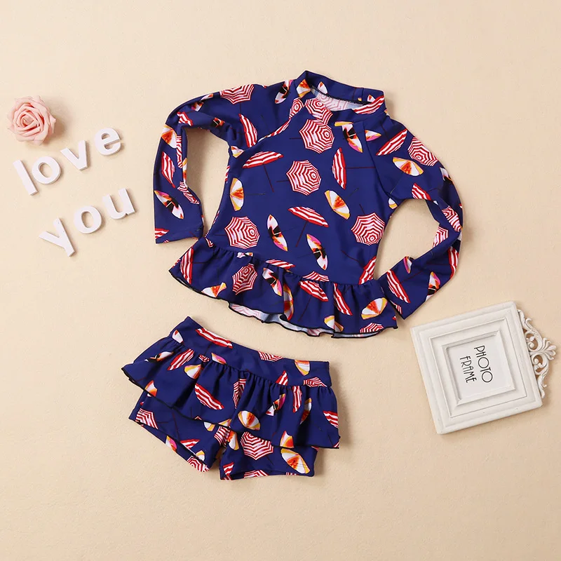 

Girls Hot Springs Bathing Suit Children Split Type Two Piece Set Skirt Long Sleeve Sun-resistant Tour Bathing Suit Boxer Big Boy