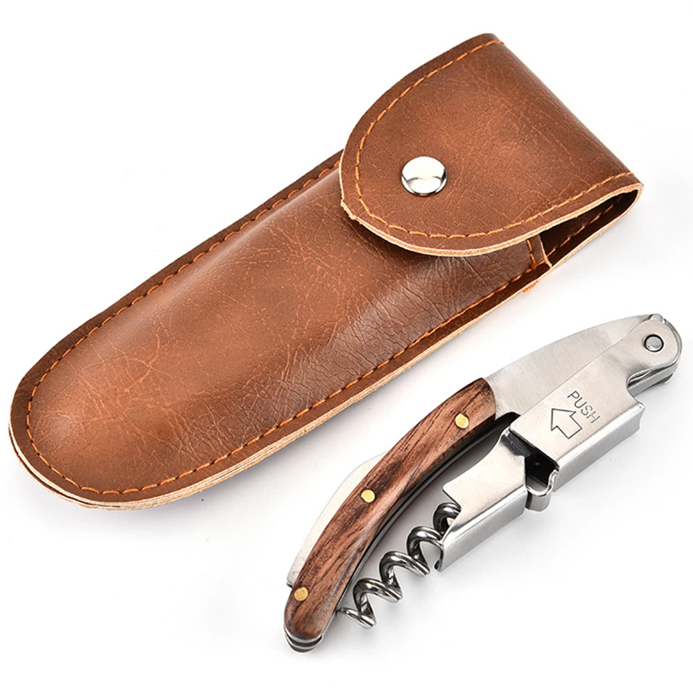 

Multi-function Wooden Bottle Opener Wine Beer Bottle Wooden Handle Corkscrew Wine Opener With PU Holster Bar Accessory Tool