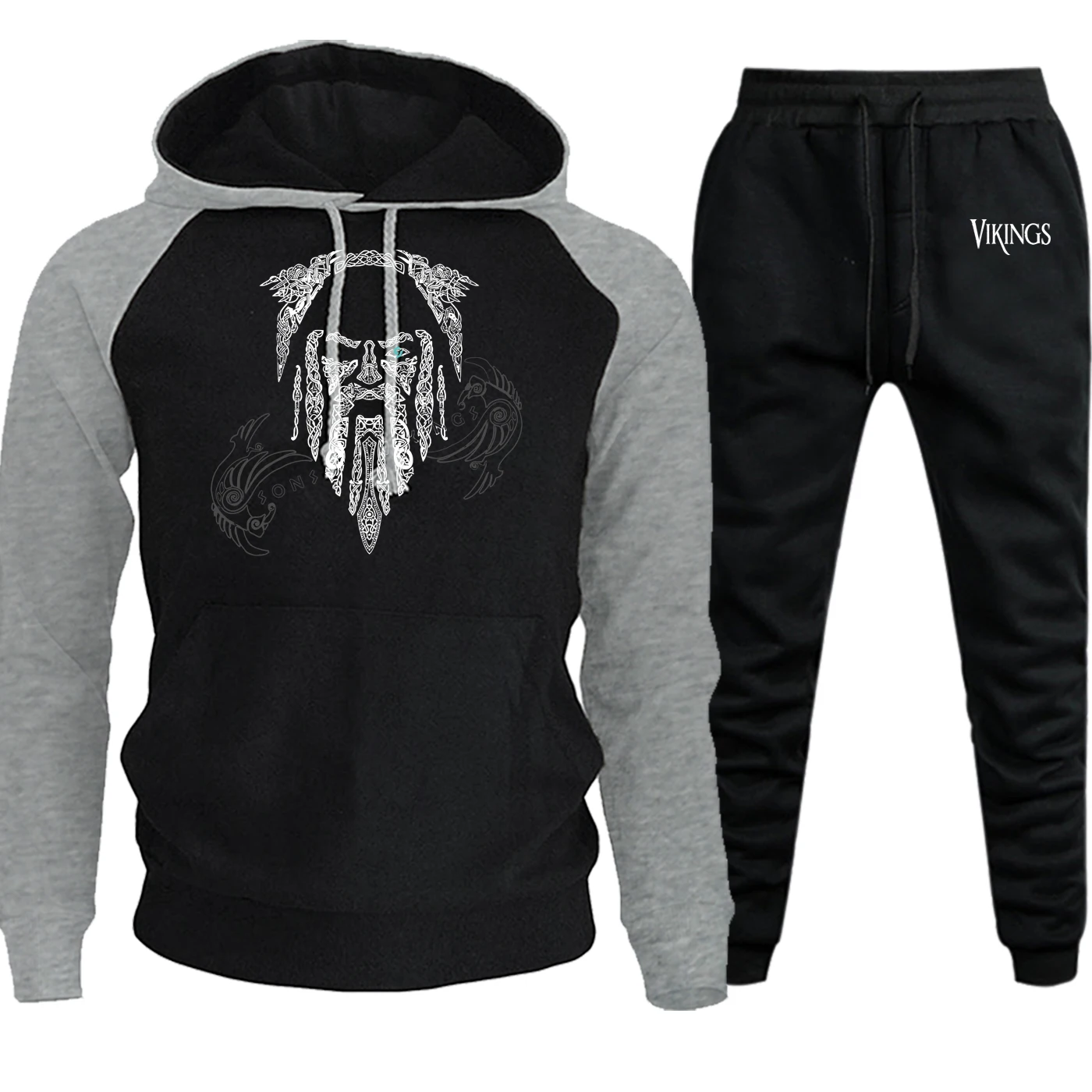 gray black6 Толстовка с викингами, мужская, реглан, с капюшоном, в винтажном стиле, с принтом, Осень-зима, костюм хип-хоп, толстовка с капюшоном, флисовый пуловер+ штаны, комплект из 2 предметов - Цвет: gray black6