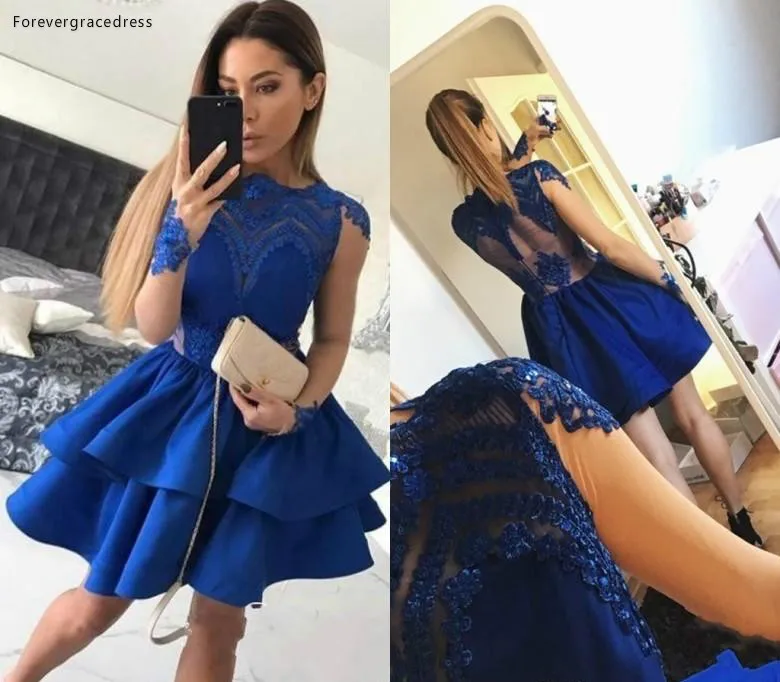 Дешевое Королевское синее коктейльное платье кружевная Апликация с длинными рукавами короткое мини-платье для вечеринки, большие размеры