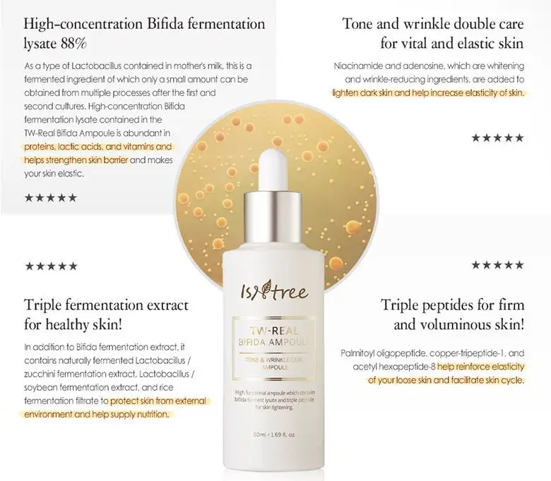 Isntree TW-Real BIFIDA Ampoule 50 мл тройной пептиды антивозрастной сыворотки для лица улучшение тонуса кожи морщин Укрепляющая эссенция для лица