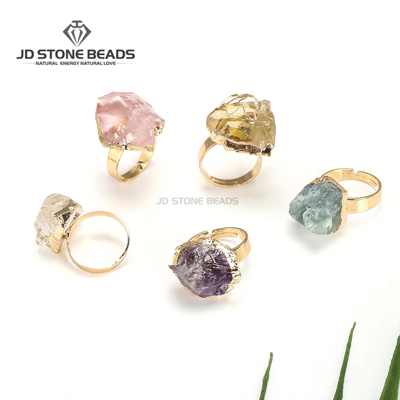 Gemstone Factory Natural Raw Gemstone Pink Crystal Amethyst Citrine Fluorite Resizable Ring Energy Jewelry For Women One Piece