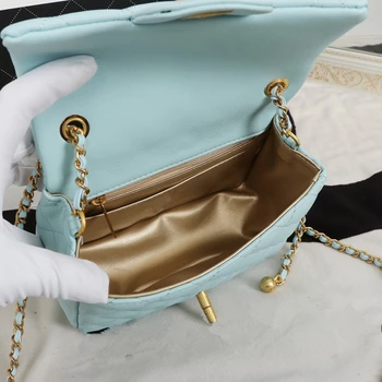 

Ladies Shoulder bag Lattice Bag With Small Bell Bag Cow leather Small Women's Chain Crossbody bag Outside Money Purse