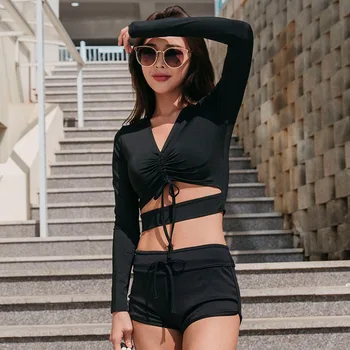 

Swimsuits Women Summer 2020 Rash Guard Swimsuit Sleeve Cover Up Swimwear Korean Girls Red Ins Long Sun Pants Polyester Solid