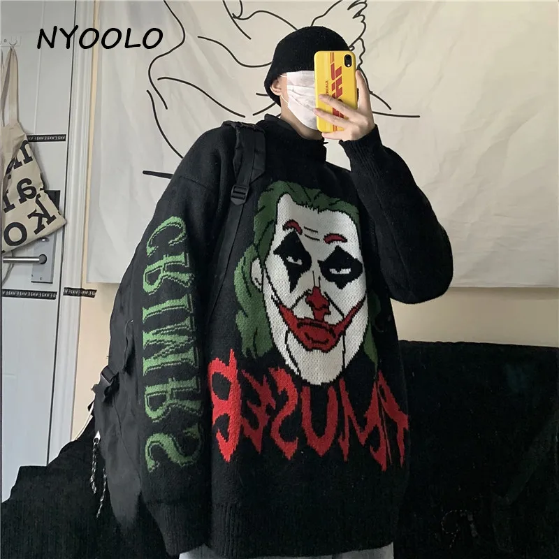 NYOOLO, Ретро стиль, уличная, клоун, буквы, жаккард, утолщенный, теплый, вязаный свитер, Осень-зима, свободный, с круглым вырезом, пуловер, свитер для женщин и мужчин