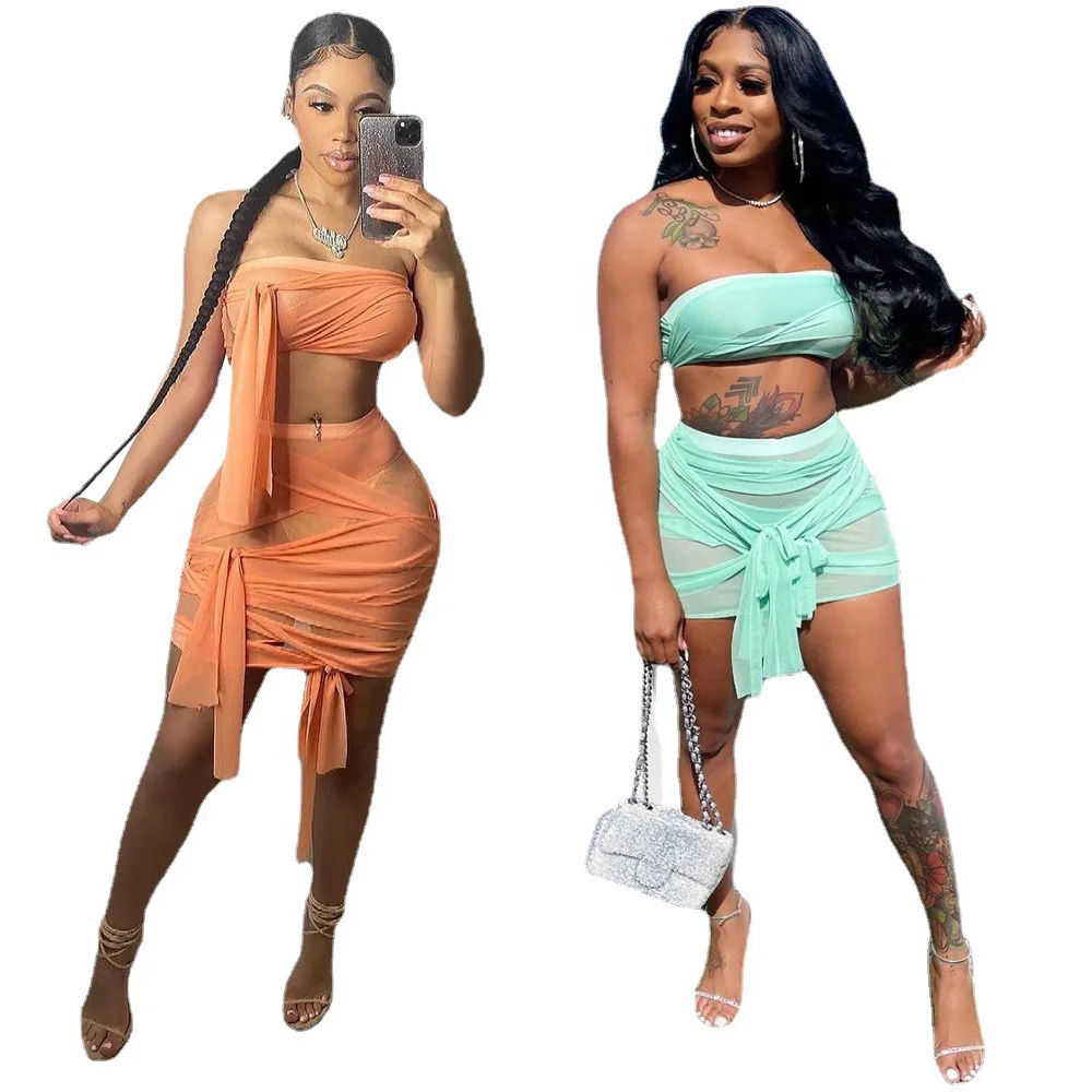 Women Sexy Mesh See Though Ribbon Spliced Tracksuit Two Piece Dress Set Off Shoulder Bandage Crop Tops+Skirts Club Party Outfits