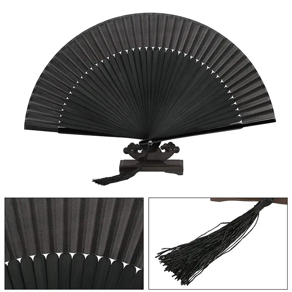Set Di 4 Ventagli Pieghevoli In Seta E Bambù - Con Nappa - 38 Cm - Ideali Per Matrimoni, Danze E Decorazioni