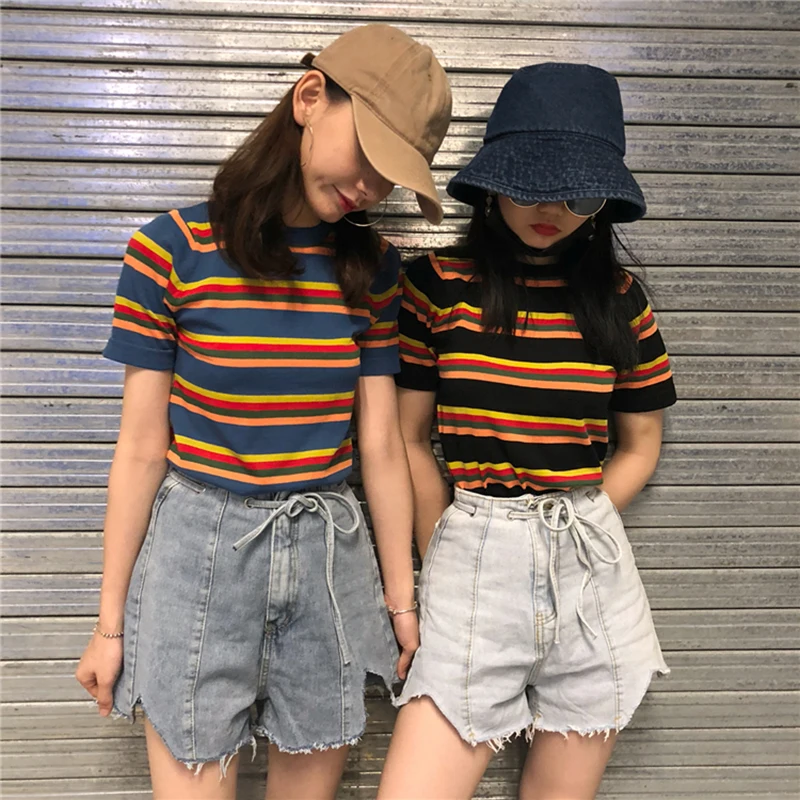 

Women Girl Summer Fashion Korea Style Vintage Slim Fit Rainbow Striped Short Sleeve T-shirt Female Casual Knitting Tee Tshirts