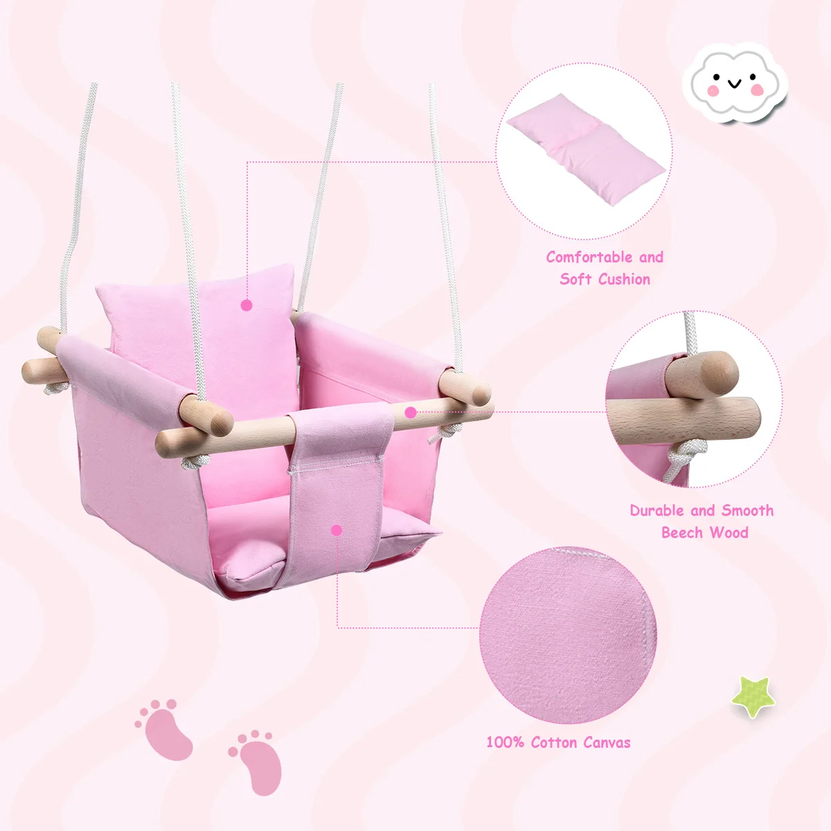 Baby Canvas Hanging Swing w/ Cotton Home Outdoor Hammock Toy for Toddler Pink 3