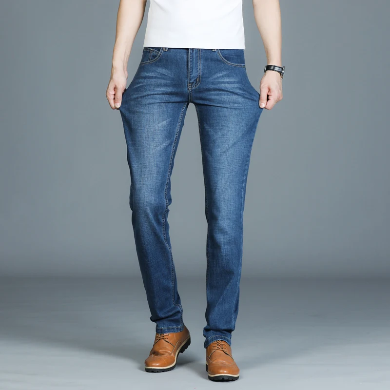 Pantalones vaqueros ajustados de estilo clásico para hombre, Jeans elásticos informales a la moda, color gris de algodón, azul y negro, de marca, novedad de 2020