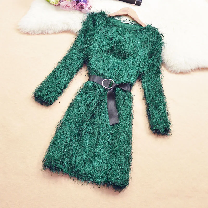 Ceny Damska sukienka tuba łuk pas pomponem z długim rękawem wysokiej talii jednolita sukienka typu bodycon francja pani Mini sukienki kobieta Vestido kobieta LS176