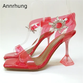 

Candy Color PVC Transparent Runway Shoes Woman Clear Crystal High Goblet Heel Square Open Toe Crystal Buckle Belt Sandals Women