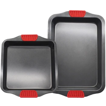 

LIXF 2 Pack Cake Baking Pan Set with Silicone Handle Bread Cookies Non-Stick Chicken Baking Pan Bakeware 11.4 Inch 15.7 Inch