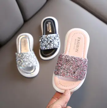 

New Summer Girls Sandals Fashion Flat Shoes With Sequins Little Big Girls Slides Shoes Kids Soft Leather Slipper