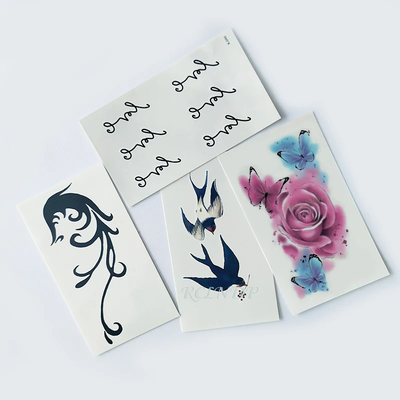 Водостойкая Временная тату-наклейка цветной тотем цветок птица буква маленькая