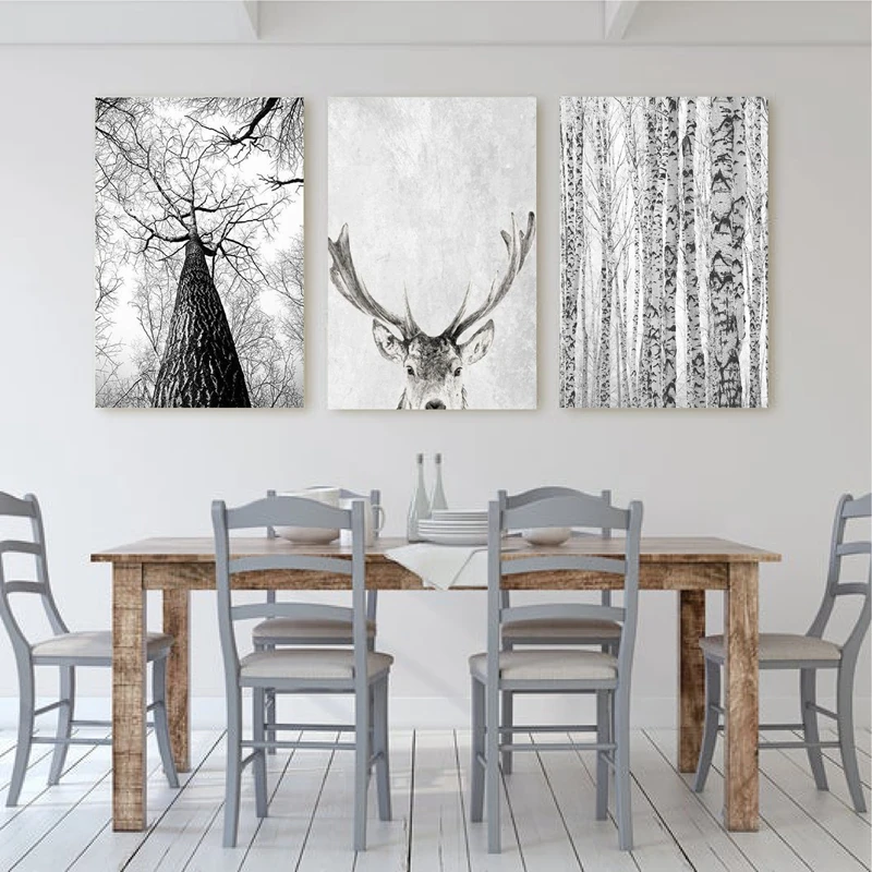 

Black And White Trees and Elk Posters and Prints Forest Natural Scenery Picture Wall Art Canvas Painting Living Room Home Decor